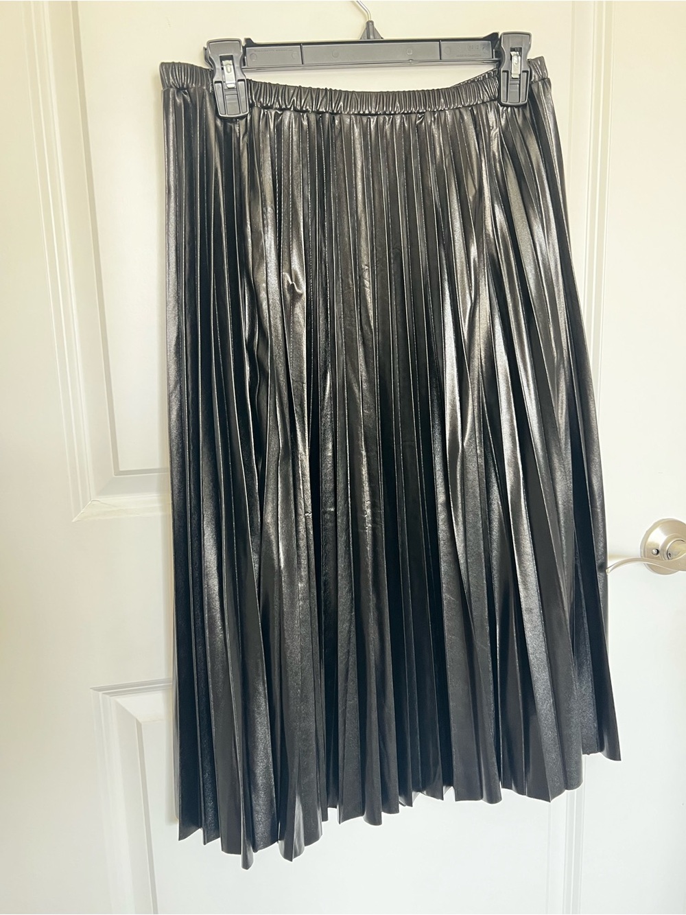 RACHEL Rachel Roy Shiny Black Pleated Faux-Leather Midi Skirt
